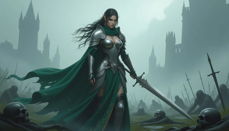 An elven warrior woman, adorned with intricate silver armor and flowing emerald ...