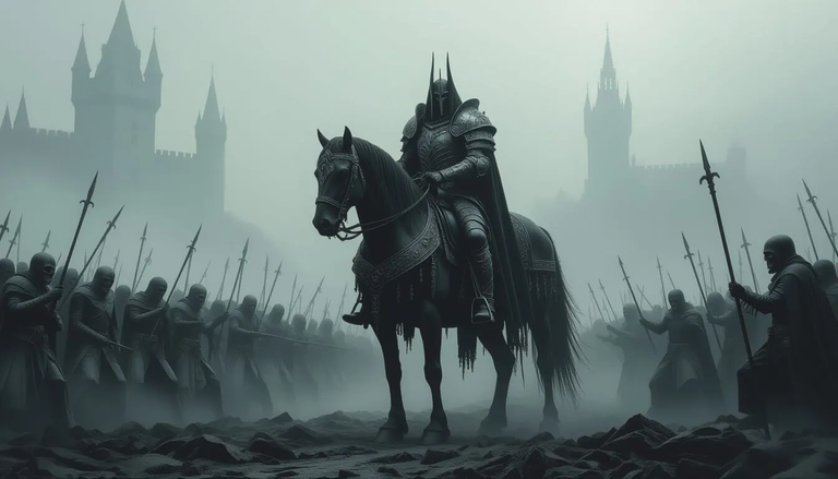 An undead lord necromancer sits on his resurrected steed, he is wearing beaten ...