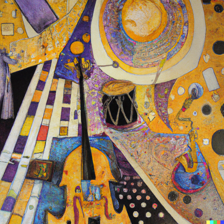DALL·E 2023-01-19 01.42.05 - Peinture en style Klimt de _ le tunnel infini de la musique, avec des instruments, synthetiseurs, notes, contrabbasse.png
