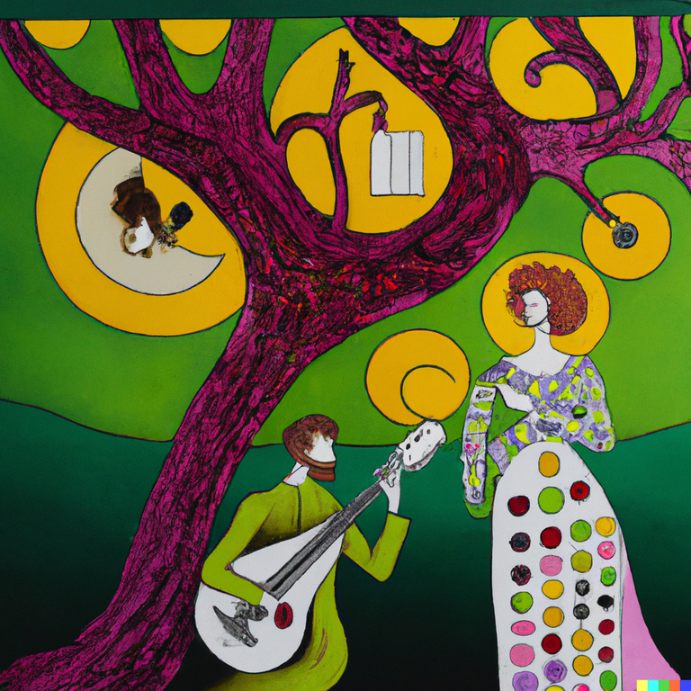 DALL·E 2023-01-20 12.48.45 - Peinture colorée en style Klimt de _ adam, eve et l'arbe des instruments de musique.png