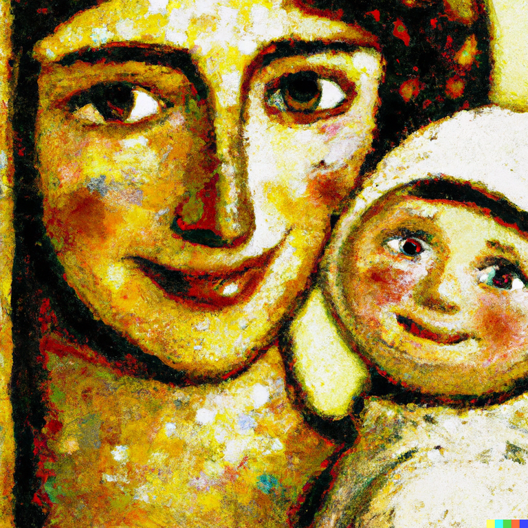 DALL·E 2023-01-25 01.15.23 - Paint in klimt style _ sguardo felice di bambino con madre.png