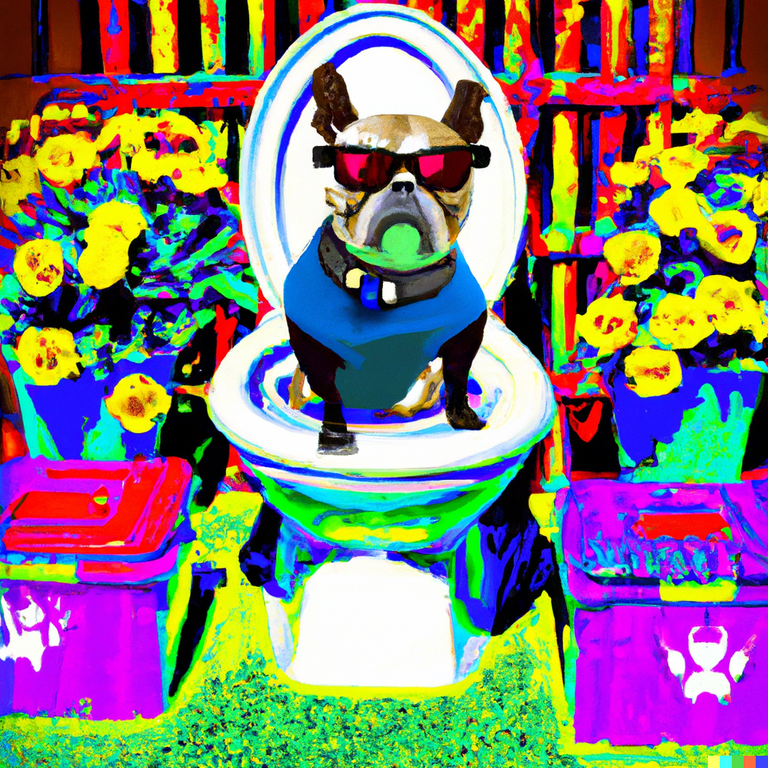 DALL·E 2023-01-31 00.36.25 - An Andy Warhol style painting of a french bulldog wearing sunglasses on a compost toilet with flowers.png