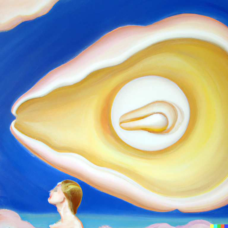 DALL·E 2023-05-09 15.42.09 - Crea una pittura della venere di botticelli che esce dalla conchiglia a forma di UFO, con lo stile di GEORGIA O'KEEFFE.png