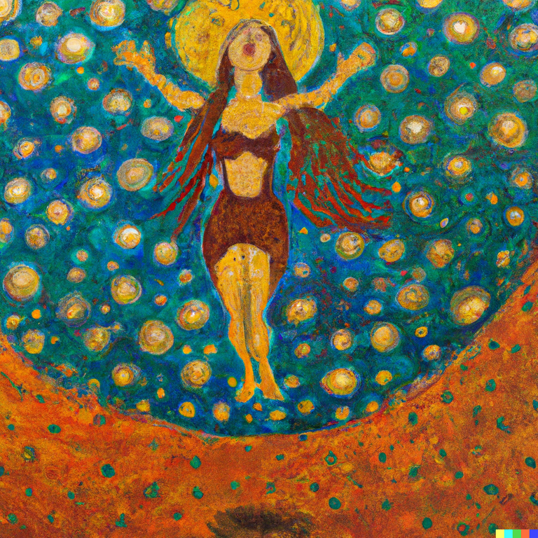 DALL·E 2023-05-09 15.38.50 - Crea una pittura della venere di botticelli che esce da un UFO , con lo stile di Klimt.png