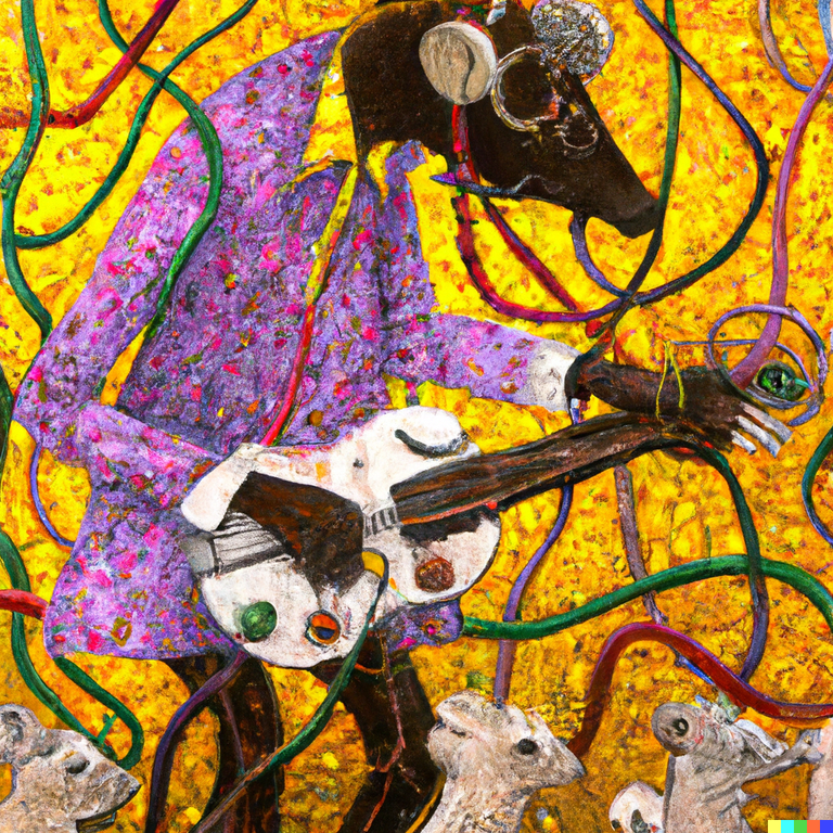 DALL·E 2023-01-19 01.41.36 - Peinture en style Klimt de _ Sylvain le flutiste fou, gardait des rats qui ont fini par manger les câbles des microphones, causant des problèmes élect.png