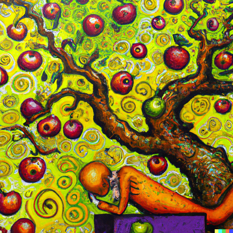 DALL·E 2023-01-20 13.46.26 - Colored paint in Klimt style _ Isaac Newton is the apple and the tree is falling.png