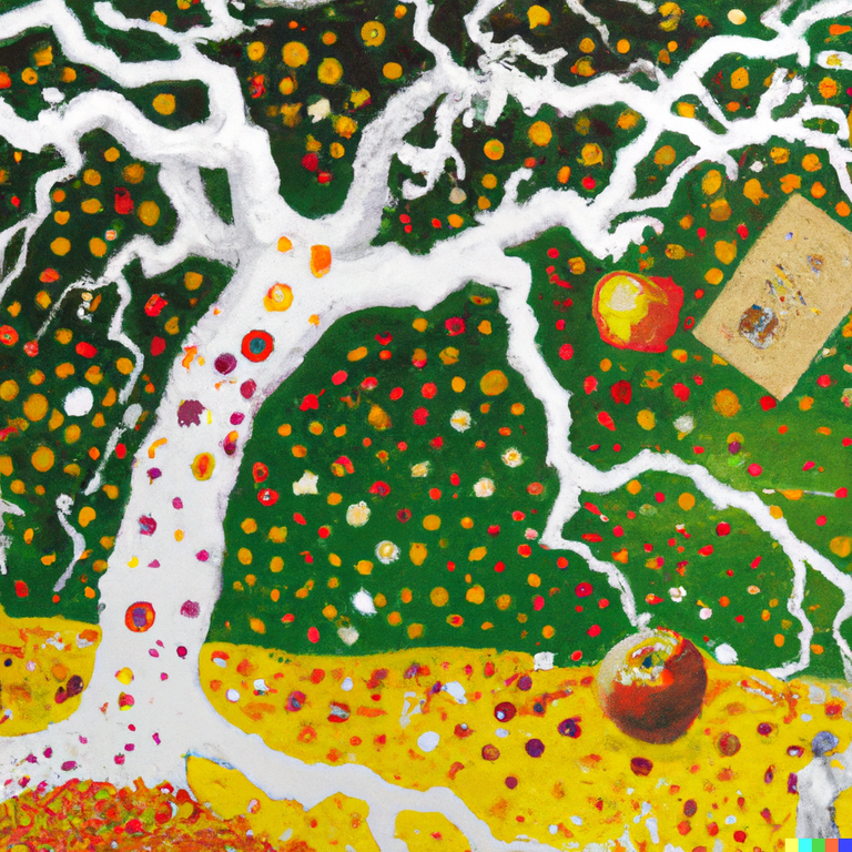 DALL·E 2023-01-20 13.46.19 - Colored paint in Klimt style _ Isaac Newton is the apple and the tree is falling.png