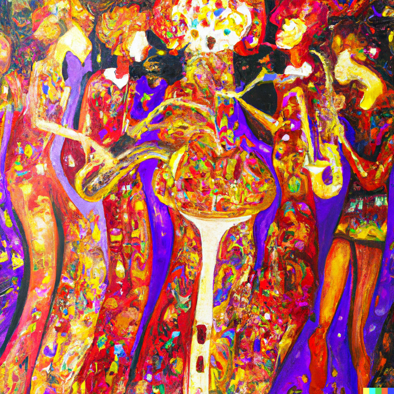 DALL·E 2023-01-19 01.41.27 - Peinture en style Klimt de _ Regata Collective un groupe de jeunes musiciens amateurs qui se sont réunis pour créer de la musique ensemble..png
