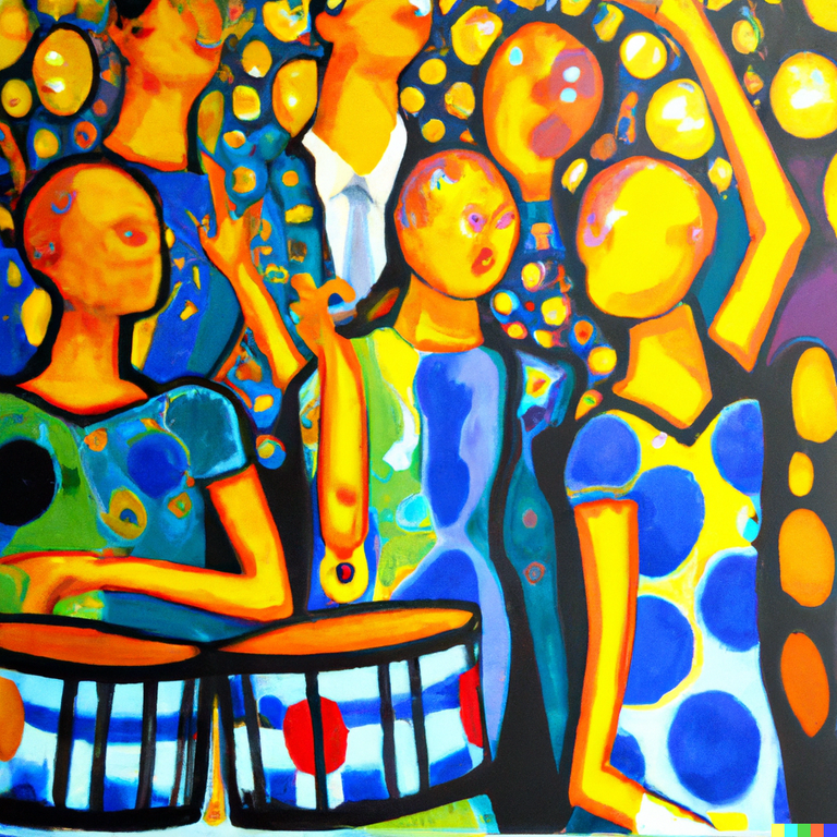 DALL·E 2023-01-19 01.41.29 - Peinture en style Klimt de _ Regata Collective un groupe de jeunes musiciens amateurs qui se sont réunis pour créer de la musique ensemble..png