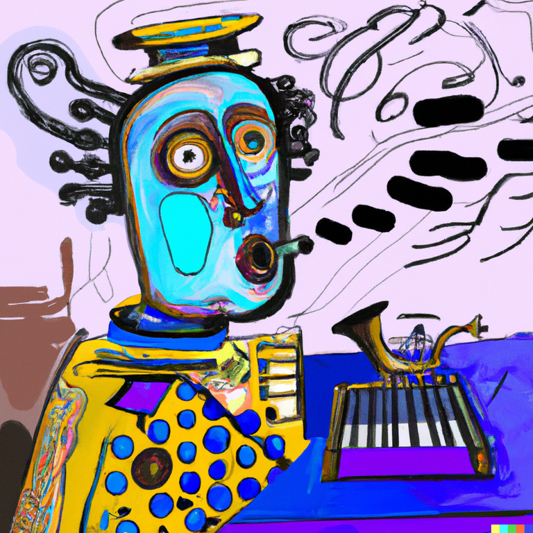 DALL·E 2023-01-18 21.17.49 - Un tête d'ordi essaie de faire du jazz mais il échoue lamentablement car avec une machine on ne peut pas créer des vrais émotions, dali, colored robot.png