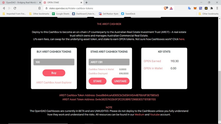 AREIT cashbox page from opendao.io
