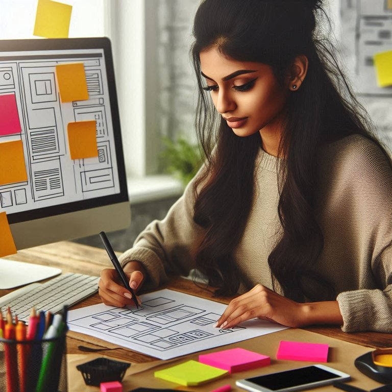 dibujo de lineas de mujer diseñadora UXUI en su computadora.jpeg