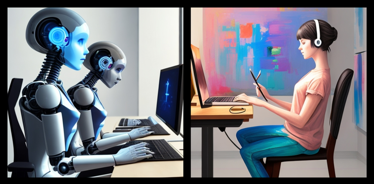 human competing with an artificial intelligence, both are sitting in front of their own computer, side by side, detailed, robot and human.png