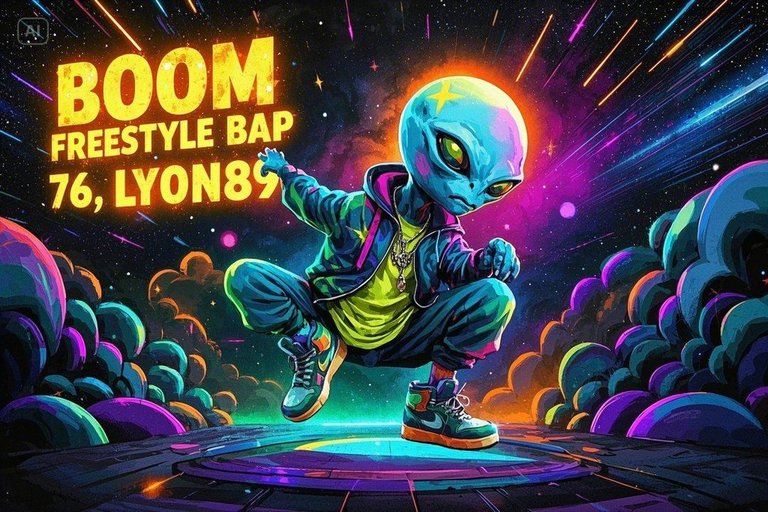 CREA una imagen de un alien, estilo surrealista, estilo hip hop, con un fondo espacial, titulo BOOM ....jpeg