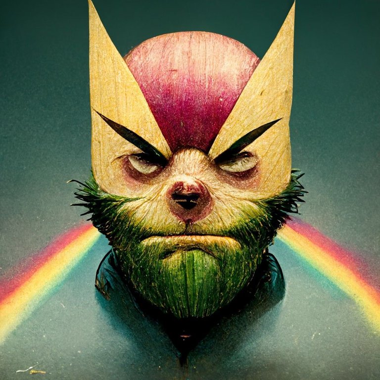 A leek with the face of wolverine, trying to fight a rainbow of puppets.jpg