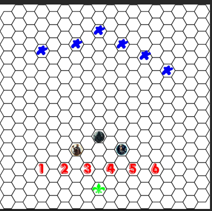 Esquema de pelea : nosotros alante y los aldeanos atrás. El padre Hector en color verde