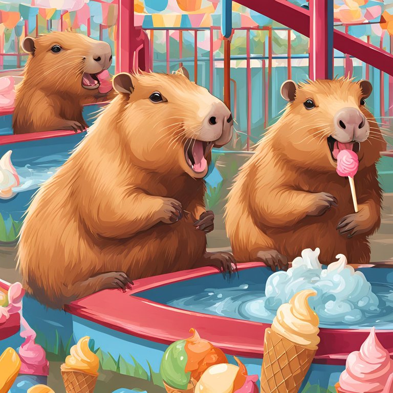 Varios capybaras divirtiendose en un parque de atracciones , jugando y comiendo helados.jpg