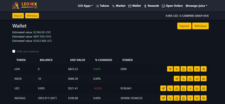 Leodex wallet tab