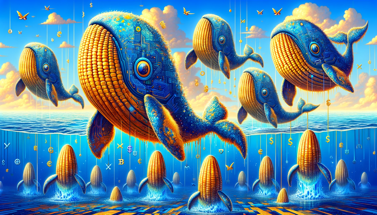 DALL·E 2023-12-12 17.59.50 - A reimagined version of the 'BitCorn Whales' tribe with a more prominent blue color scheme. These whimsical whales still resemble ears of corn with a .png