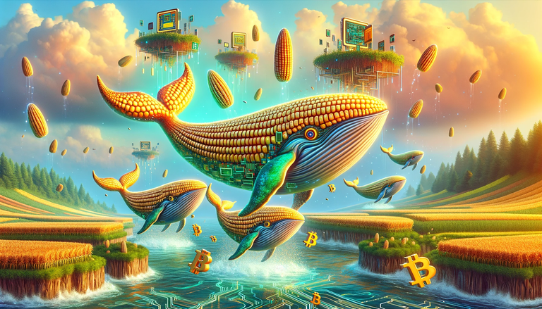 DALL·E 2023-12-12 17.59.56 - A whimsical and imaginative depiction of a tribe of 'BitCorn Whales' in a surreal landscape. These whales, a playful twist on Bitcoin whales, are giga.png