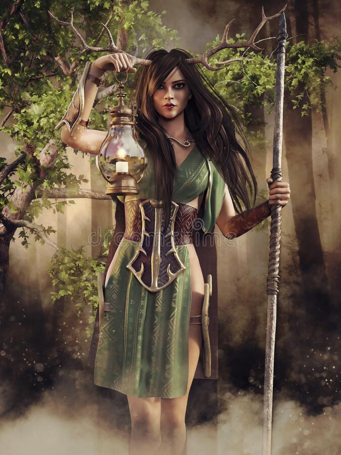 Source: https://www.dreamstime.com/fantasy-girl-deer-horns-lantern-forest-scene-huntress-holding-lamp-wooden-staff-her-hands-image203554332