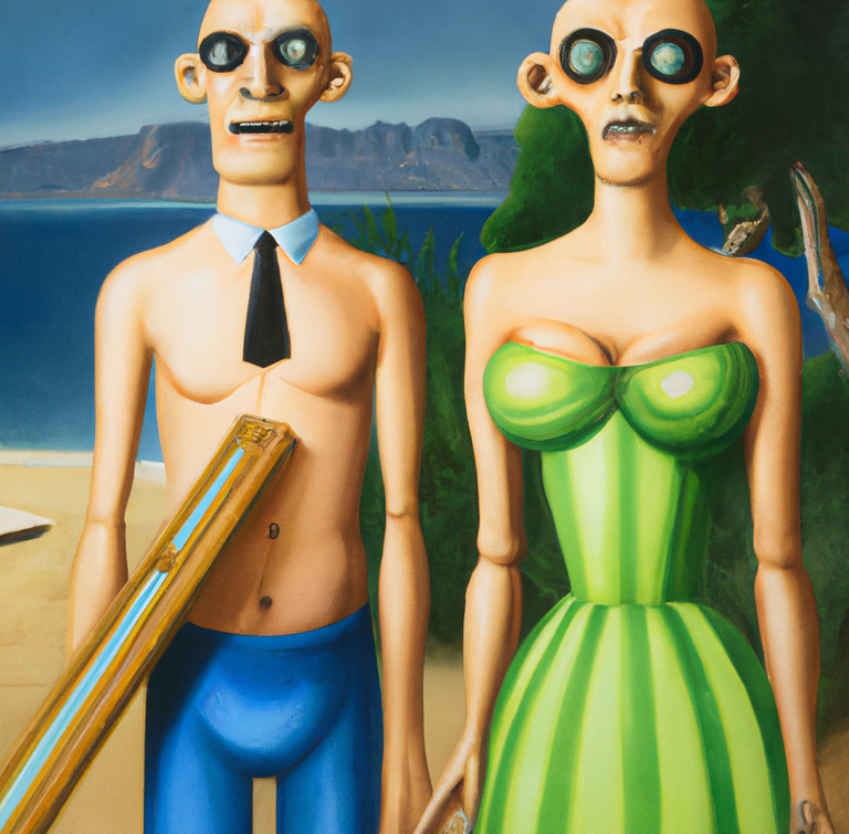 Alien couple in swimming suits posing as american gothic on the beach of a Greek Island by Grant Wood.png