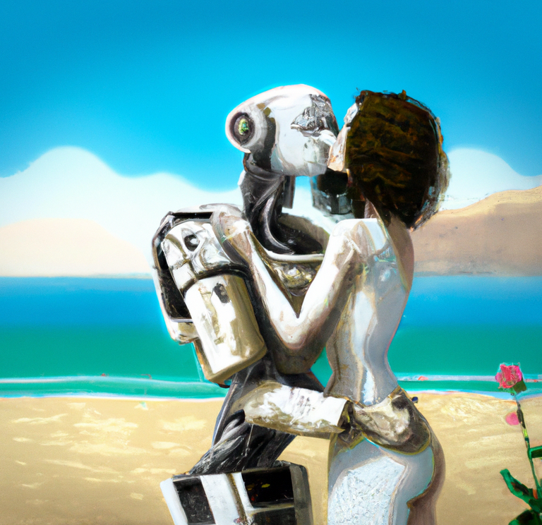 DALL·E 2023-02-25 11.10.04 - Digital art of a primitive male Neanderthal kissing a cute female white robot on the beach on a sunny day.png