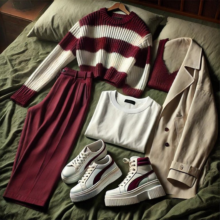 DALL·E 2024-09-12 22.10.53 - A realistic photo of an outfit consisting of wide-leg burgundy trousers, a white basic tee, a cropped sweater with burgundy and white horizontal strip.jpg