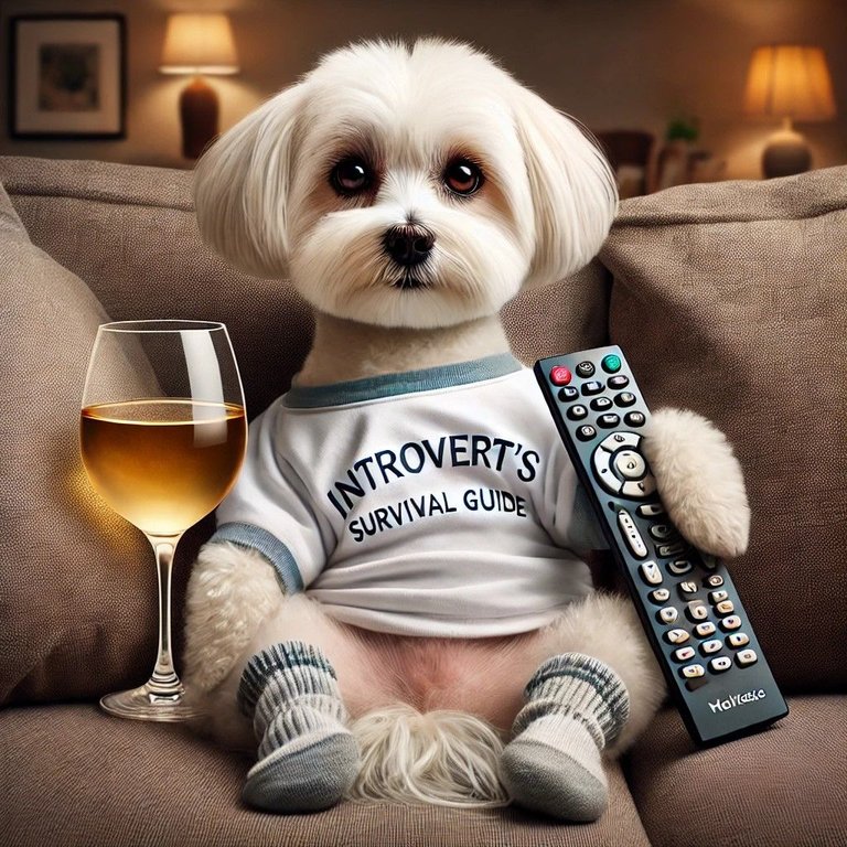 DALL·E 2024-09-06 20.10.05 - A realistic image of a Maltese dog sitting on a couch, wearing a white t-shirt and holding a glass of wine in one paw and a TV remote in the other. Th.jpg