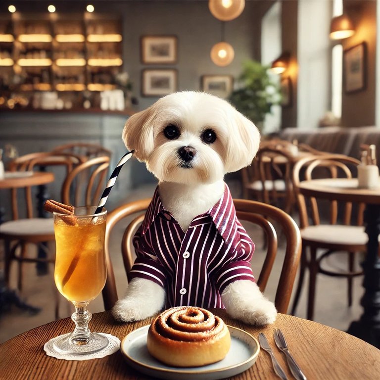 DALL·E 2024-09-12 22.16.08 - A realistic photo of a cute Maltese dog sitting in a nice bistro cafe, wearing a burgundy striped blouse. The dog is drinking from a glass of apple ci.jpg