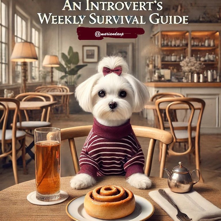 DALL·E 2024-09-12 22.28.35 - A realistic photo of a cute Maltese dog sitting in a nice bistro cafe, wearing a burgundy striped blouse. The dog is drinking from a glass of apple ci.jpg