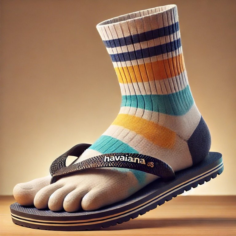 DALL·E 2024-09-06 19.43.00 - A realistic foot wearing a pair of socks and Havaianas flip-flops. The socks have a playful, brightly colored pattern, while the flip-flops are oversi.jpg