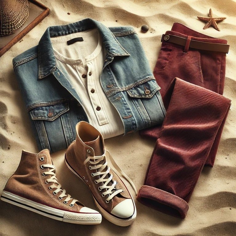 DALL·E 2024-09-20 11.54.47 - A realistic image of a jean jacket, a white boho shirt, suede Converse boots, and a maroon pair of trousers neatly laid out on a sandy beach. The scen.jpg