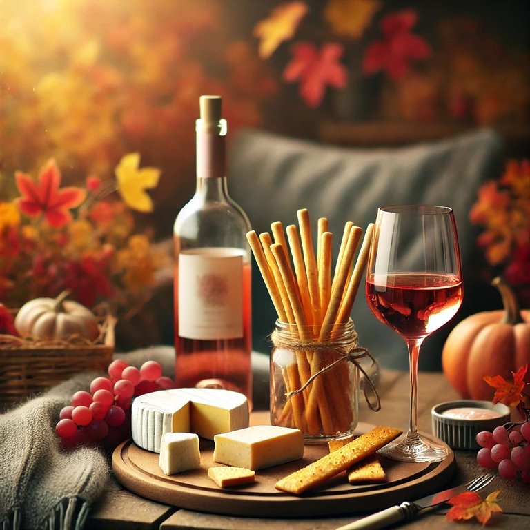 DALL·E 2024-09-06 19.39.39 - A cozy, autumn-inspired scene featuring a bottle of rosé wine, a glass half full, a small stack of grissini (Italian breadsticks), a plate of cheeses .jpg