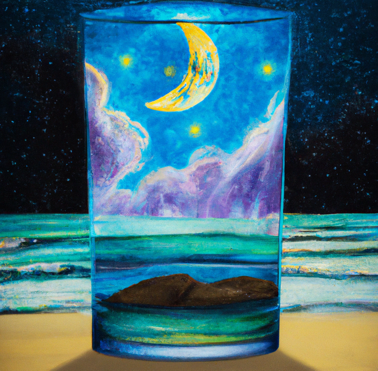 DALL·E 2023-02-24 17.19.39 - A surreal painting of a glass that contaings the night, the moon and the stars, on a beach in a sunny day.png