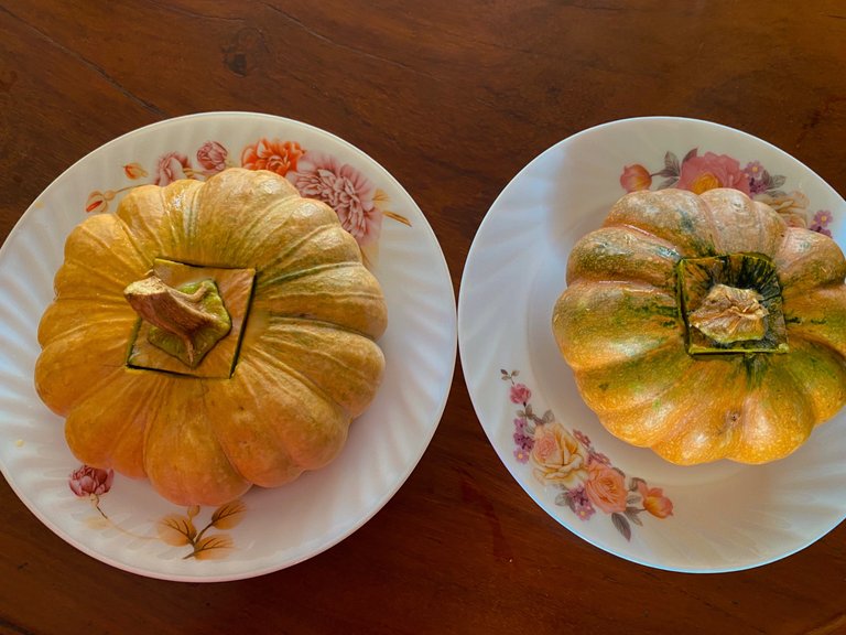 The two pumpkins after fill with custard.
