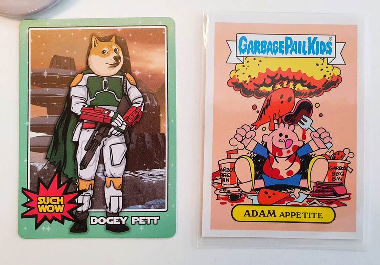 A 'Dogey Pett' Star Wars inspired card + 'Adam Appetite' from GarbagePailKids