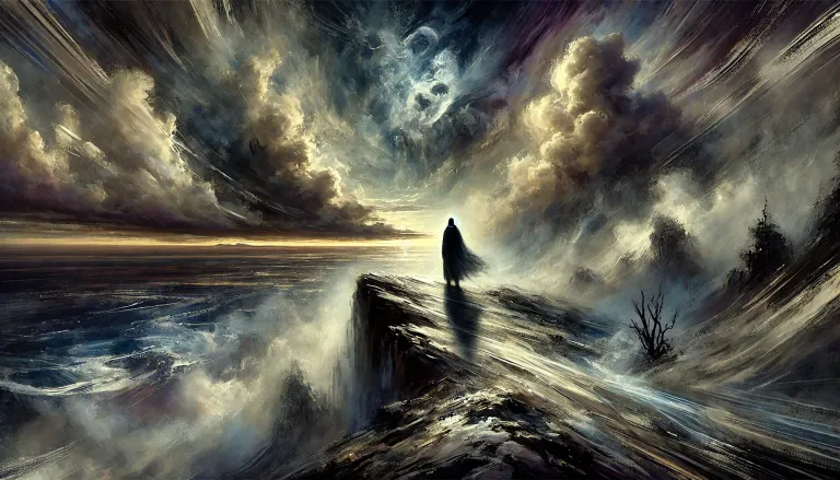 DALL·E 2024-10-05 21.47.40 - An abstract painting representing a solitary figure standing on the edge of a rugged cliff, overlooking a vast and chaotic sea. The scene is set in a .webp