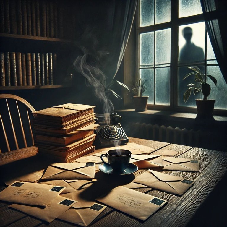 DALL·E 2025-02-11 22.25.11 - A dimly lit apartment with a wooden table covered in opened letters, an old yellowed envelope among them. A steaming cup of coffee sits beside a stack.jpg