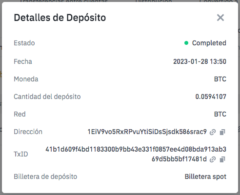 Cofirmación de depósito en Binance