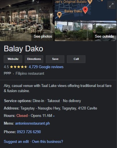 Screen shot of Balay Dako google review