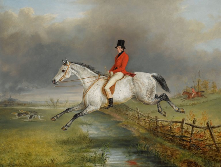 A_Master_of_the_Royal_Buckhounds_Clearing_a_Fence_on_a_Grey_Hunter_by_George_Henry_Laporte.jpg