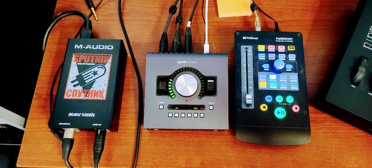 The power supply for the mic, Apollo Twin audio interface and Presonus Faderport
