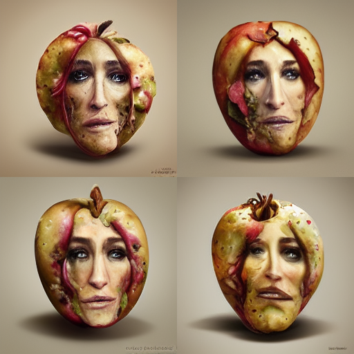 Prompt: a rotting apple morphing into Sarah Jessica Parker.