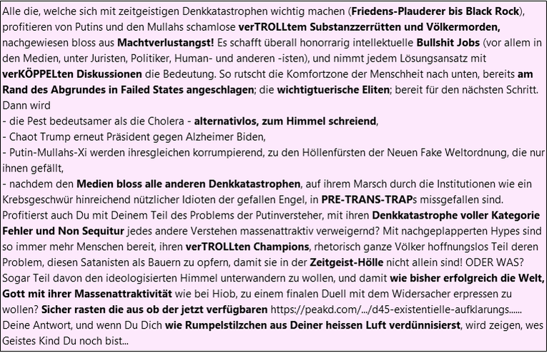 Mit solchem unerlöstem M/O=STRESS zerrütten Menschen die Menschheit als ihre grössten Feinde