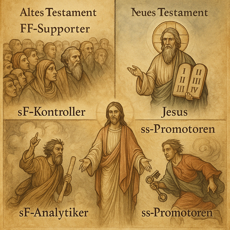 Abb. 3 Kiaras Bild der biblischen Interessen Politik mit den vier ersten Prioritäten des s=Bewusst-SEINs, F=gefühlter KONTEXT - bei mir als sF-Analytiker; bei-Manipulation s vor F, bei Orientierung F vor s