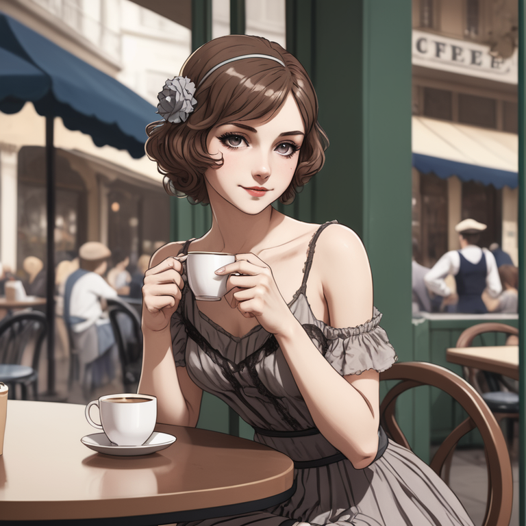 French woman in 20s dress drinking coffee.png