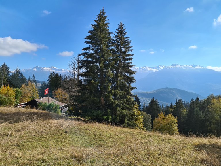 Vue sur un châlet suisse patriotique et les Alpes Suisses depuis Anzère