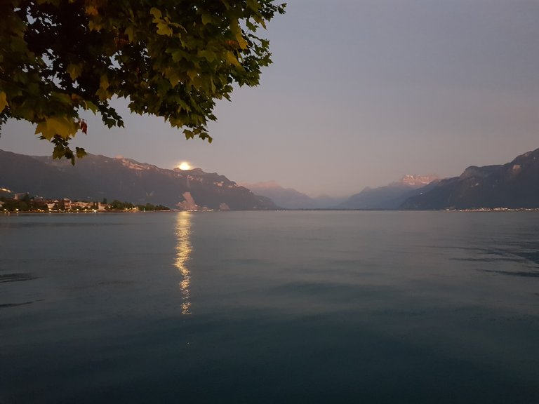 Vue sur le lac Léman, La Tour-de-Peilz, les pré-Alpes, l'entrée du Valais et les Alpes Suisses depuis Vevey