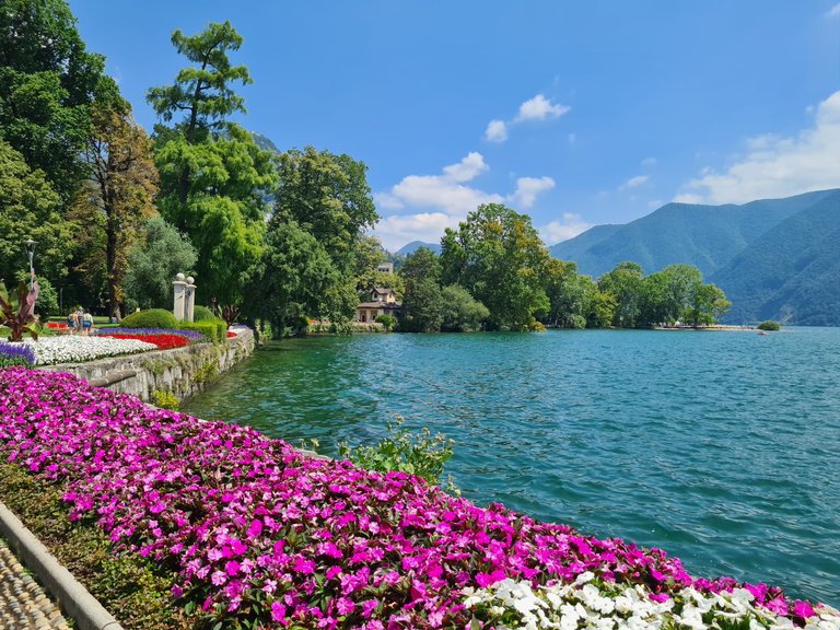 Vue sur le lac de Lugano et les Alpes Suisses depuis le parc Parco Ciani en Suisse
